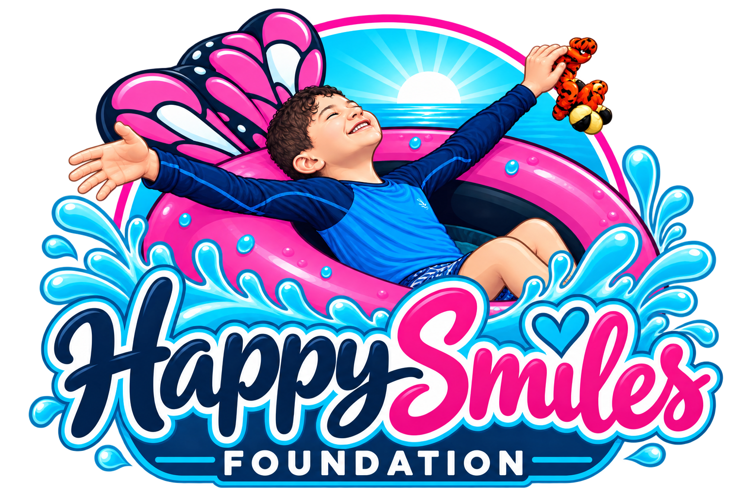 Happy Smiles Foundation logo featuring Dylan smiling on a pink pool tube with a sunrise arch